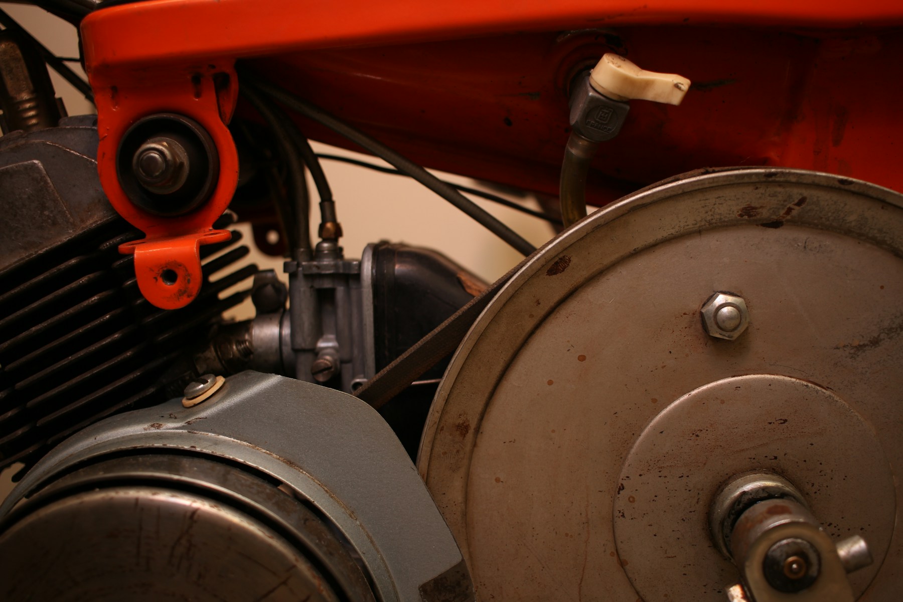 Close-up of a motorcycle engine and its mechanical components